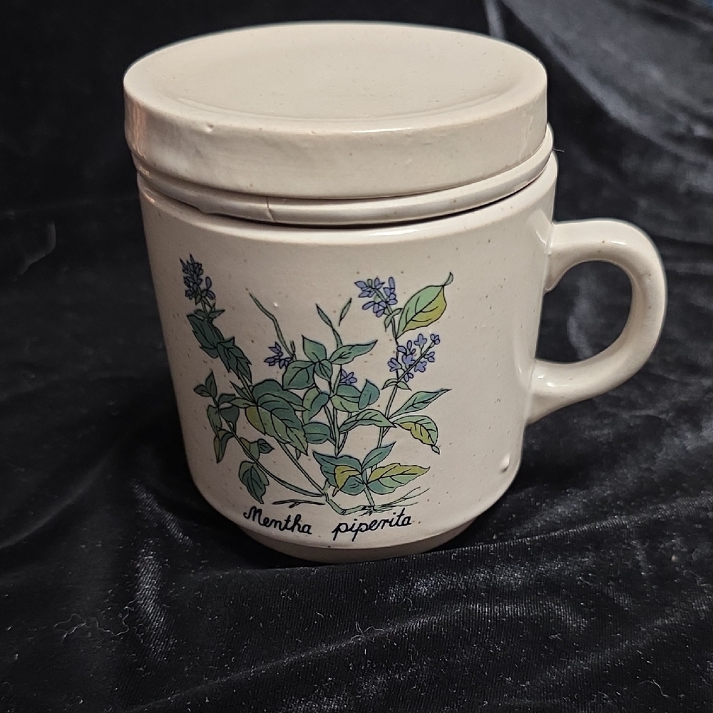 Herbal Design Ceramic Mug with Strainer And Lid,  Germany 1990s Vtg